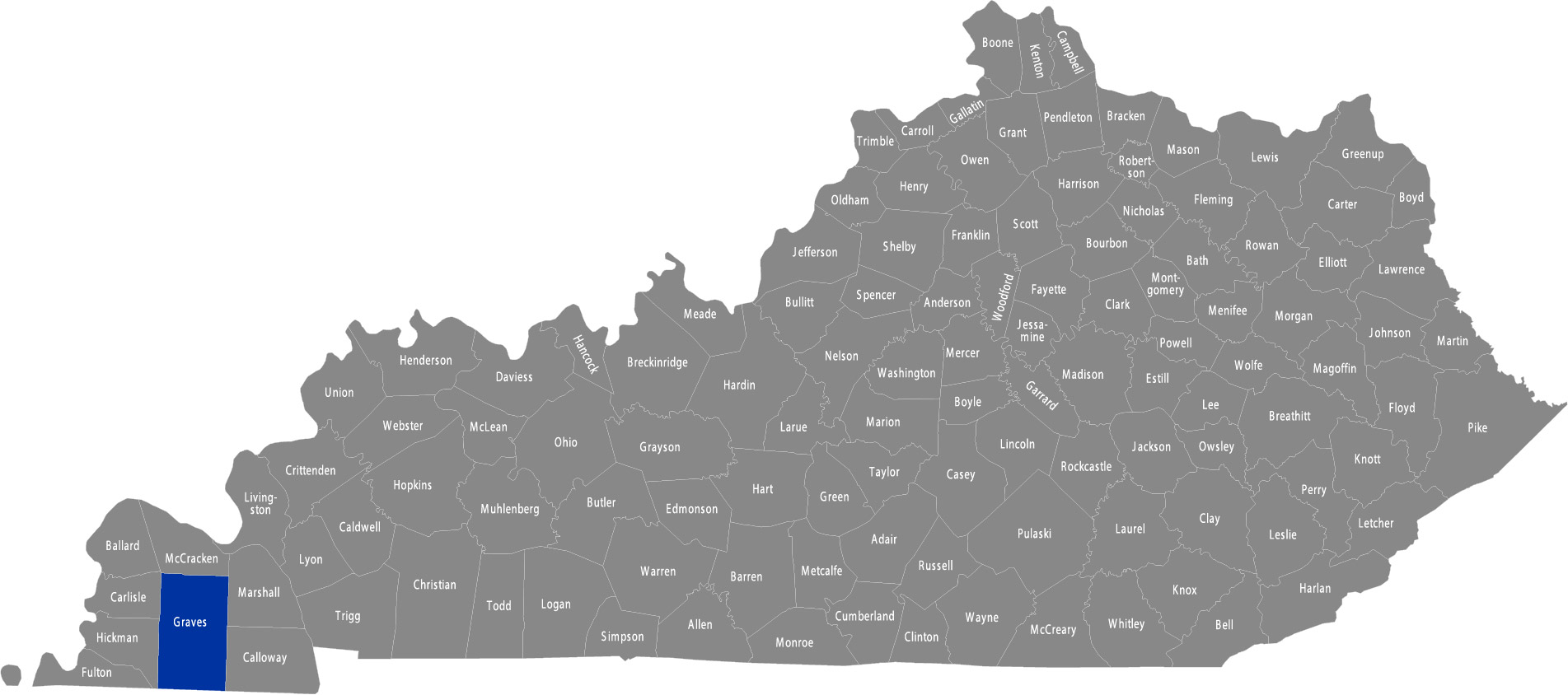 State of Kentucky map with Graves County highlighted